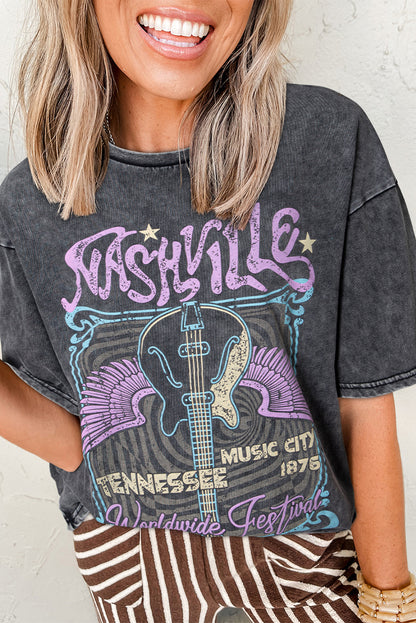 Black Vintage Nashville Tennessee Graphic Mineral Washed Plus Size Tee