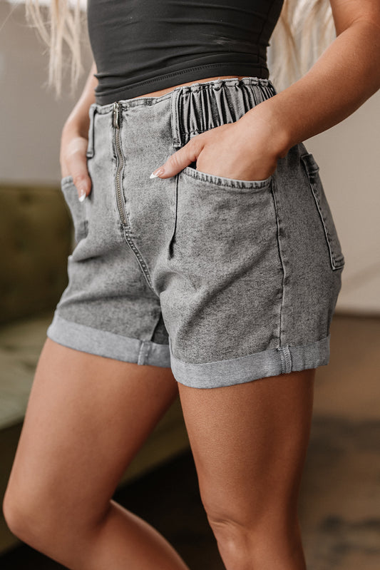 Gray Zipped Light Wash Cuffed Edge Denim Shorts