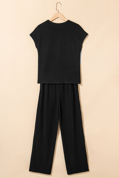 Mineral Red Solid Color Corded Short Sleeve Top and Casual Pants Set