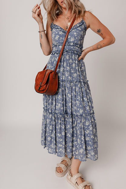 Blue Floral Spaghetti Strap Frilled V Neck Tiered Midi Dress