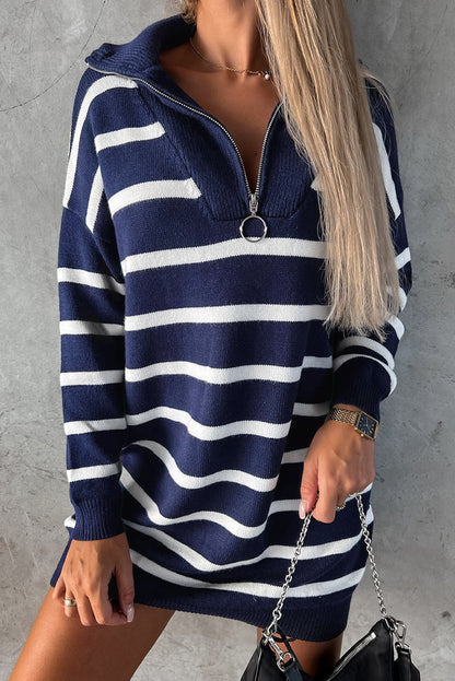 Green Striped/Solid O-ring Zip Collared Loose Sweater Mini Dress