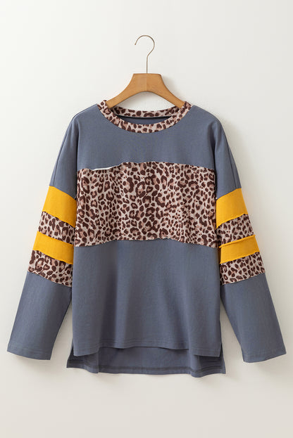 Dark Blue Leopard Colorblock Patchwork Long Sleeve Drop Shoulder Top