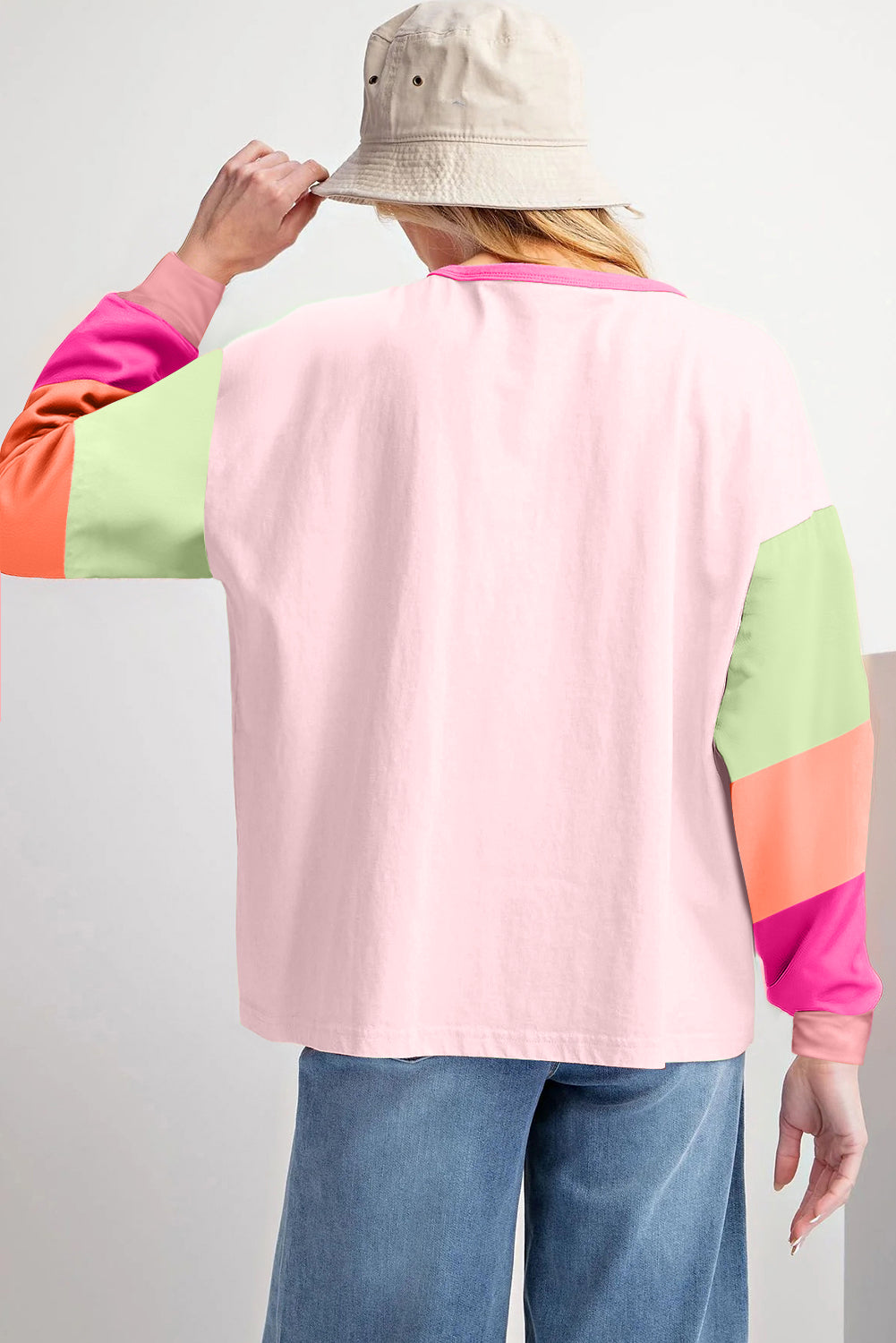 Rose Red Colorblock Patchwork Long Sleeve Loose Top