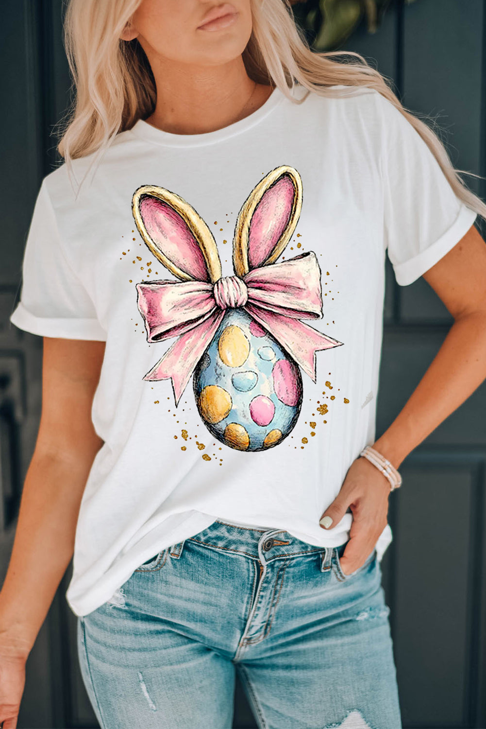 White Easter Egg Bow Bunny Ear Printed T Shirt