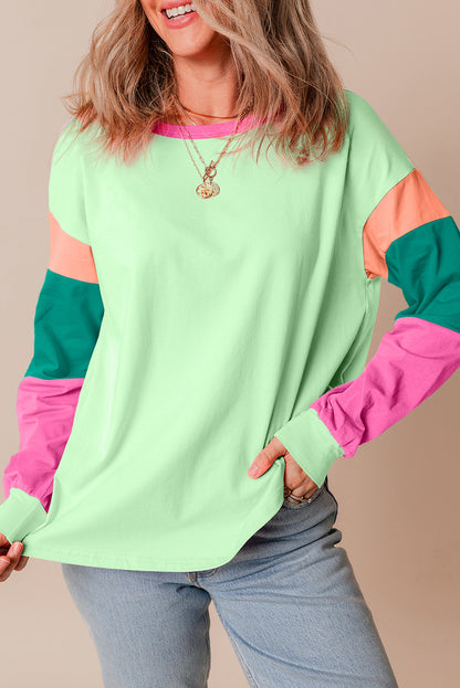 Rose Red Colorblock Patchwork Long Sleeve Loose Top