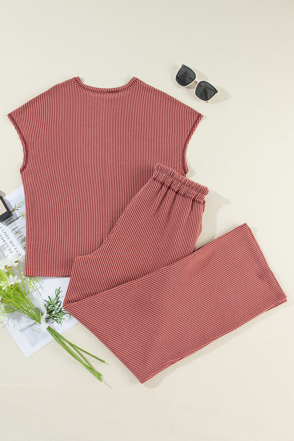 Mineral Red Solid Color Corded Short Sleeve Top and Casual Pants Set