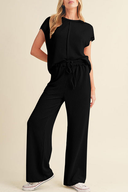 Mineral Red Solid Color Corded Short Sleeve Top and Casual Pants Set