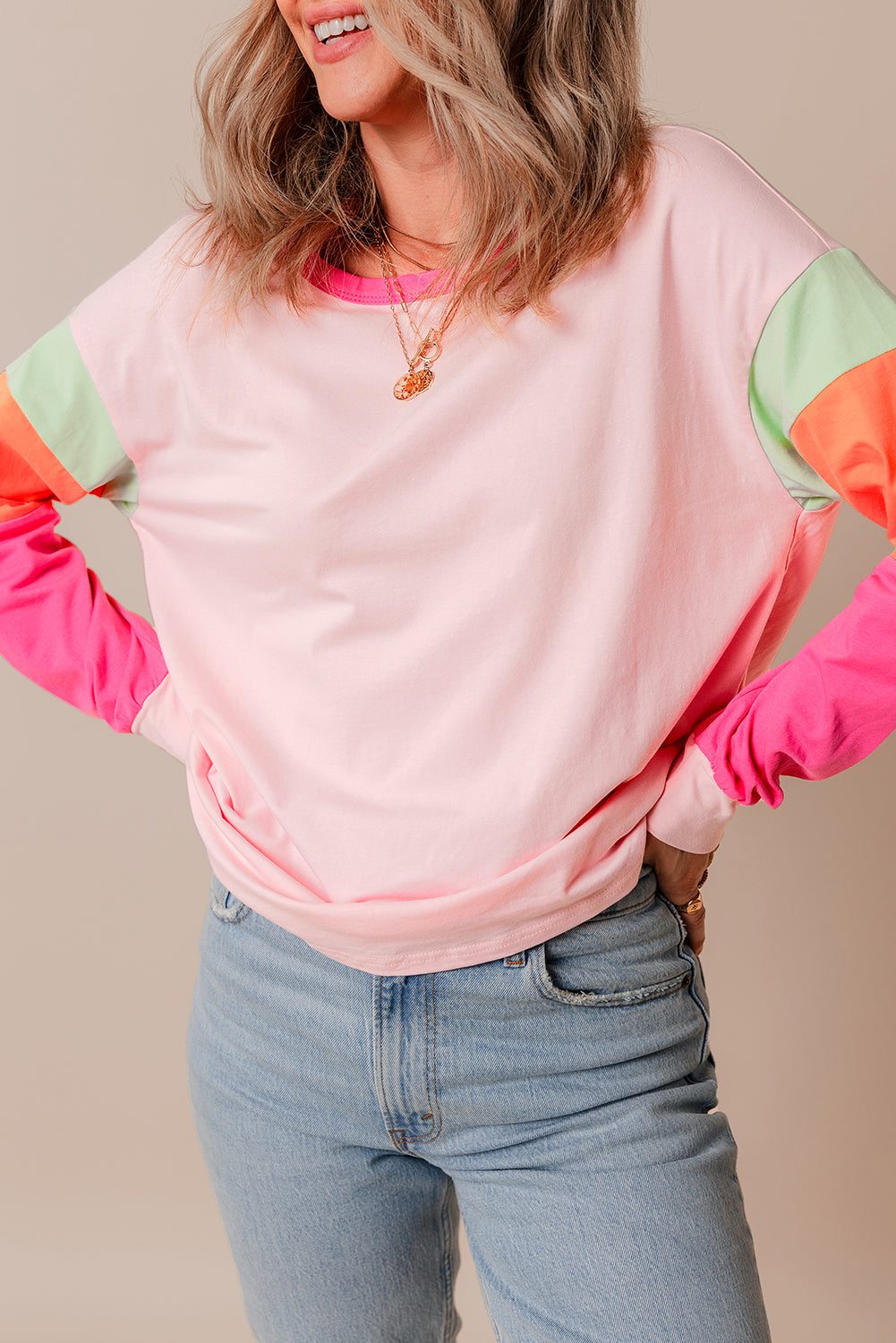 Rose Red Colorblock Patchwork Long Sleeve Loose Top