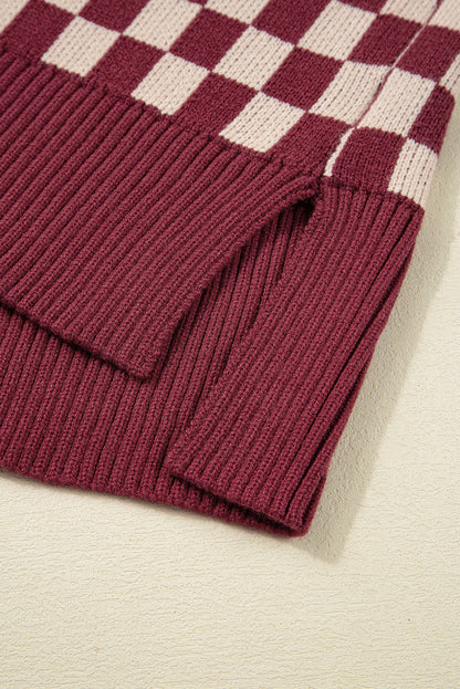 Brown Checkered Color Block Knitted Drop Shoulder Sweater