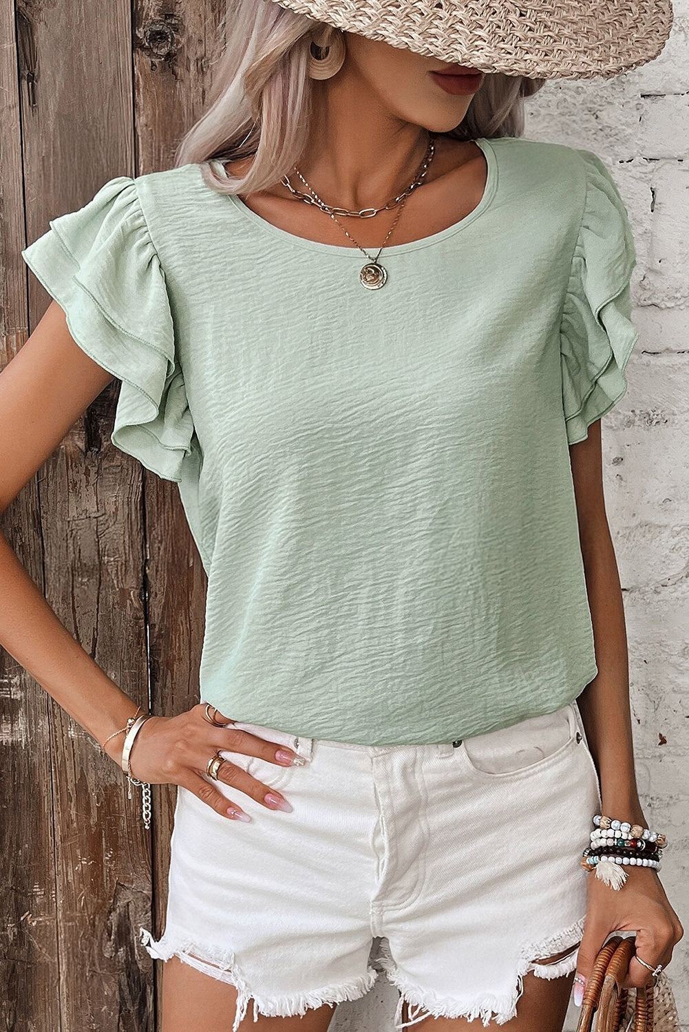 Mist Blue Solid Color Ruffled Short Sleeve Casual Blouse