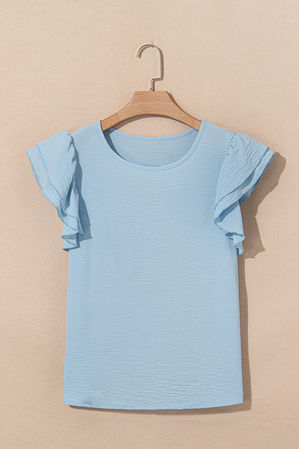 Mist Blue Solid Color Ruffled Short Sleeve Casual Blouse