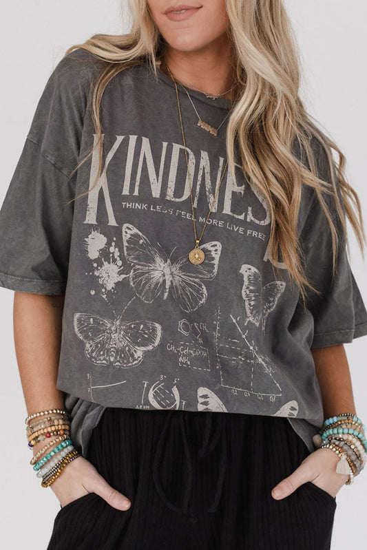 Dark Grey Kindness Butterflies Graphic Mineral Wash Loose Tee