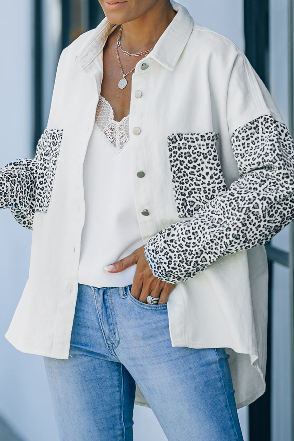 White Contrast Leopard Denim Jacket