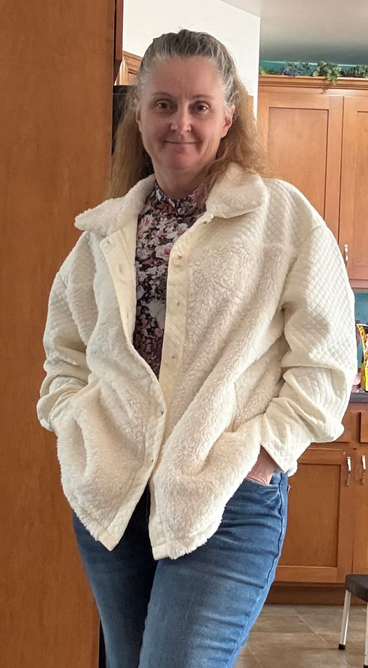 White Solid Color Quilted Sherpa Patchwork Button Up Shacket