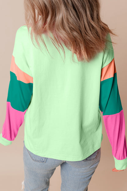 Rose Red Colorblock Patchwork Long Sleeve Loose Top