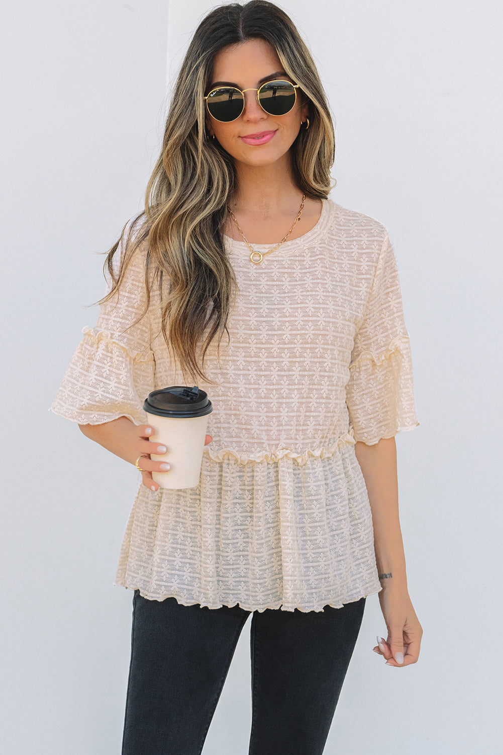 Beige Solid Color Textured Ruffled Short Sleeve Blouse