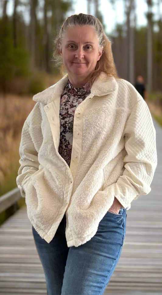 White Solid Color Quilted Sherpa Patchwork Button Up Shacket