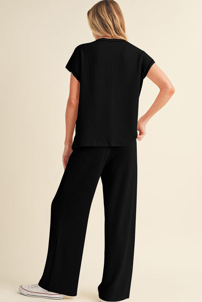 Mineral Red Solid Color Corded Short Sleeve Top and Casual Pants Set