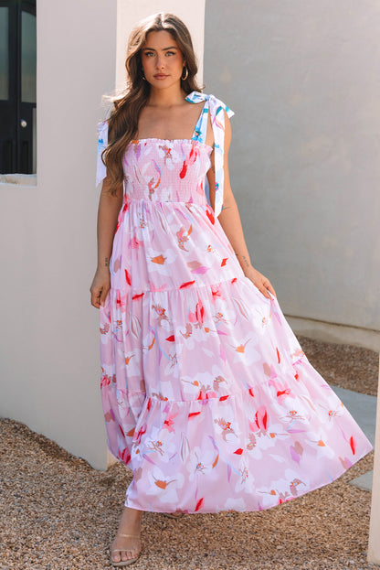 Pink Floral Print Knotted Shoulder Smocked Maxi Dress