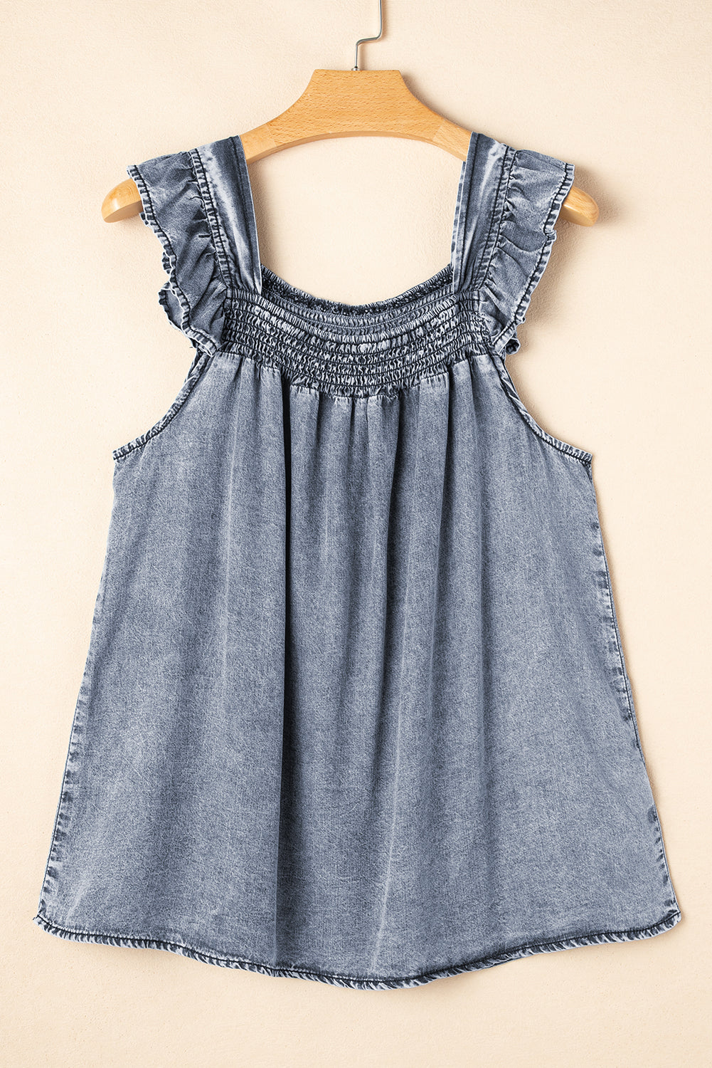 Ashleigh Blue Ruffled Shirred Neckline Sleeveless Denim Tank Top