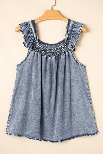 Ashleigh Blue Ruffled Shirred Neckline Sleeveless Denim Tank Top