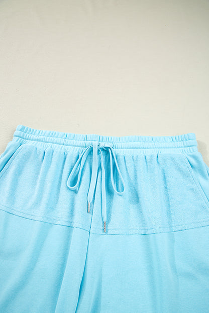 Aruba Blue Plus Size Solid Color Splicing Raw Hem Pullover Top Shorts Set