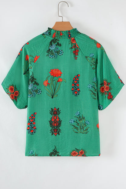 Bright Green Floral Print Buttoned V Neck Short Sleeve Blouse