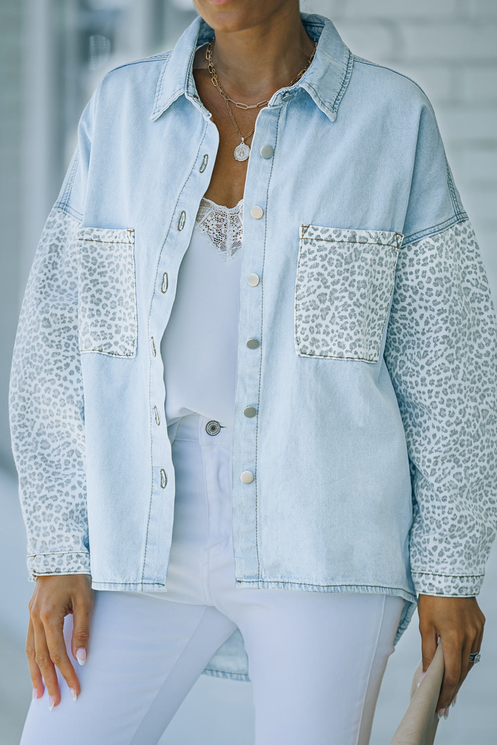 White Contrast Leopard Denim Jacket