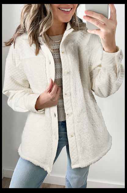 White Solid Color Quilted Sherpa Patchwork Button Up Shacket