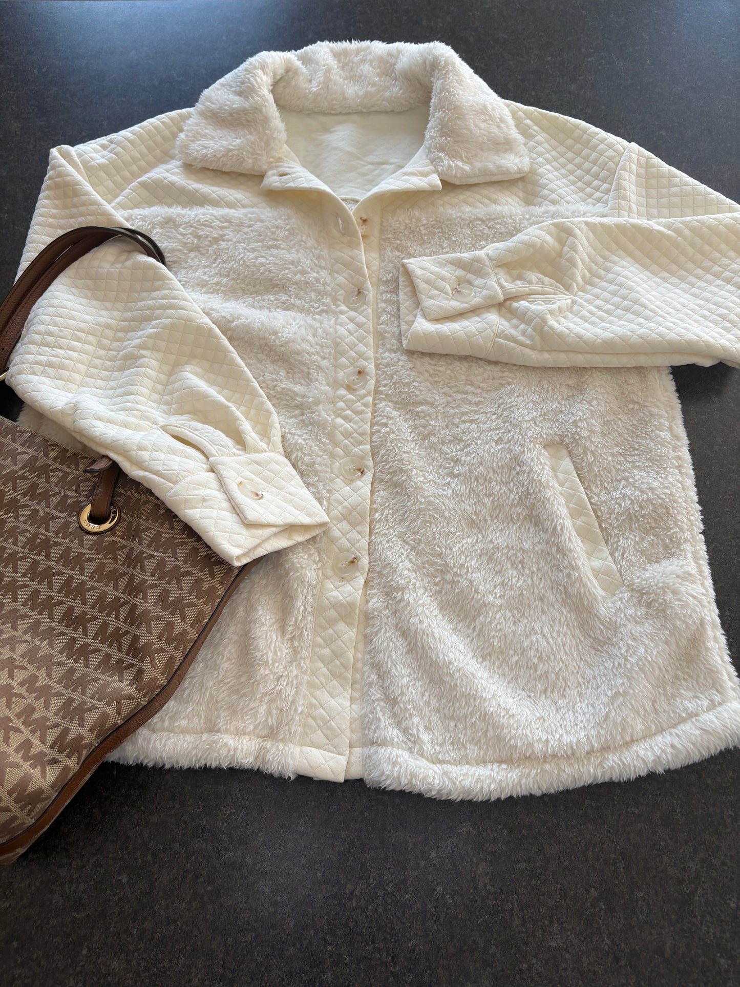 White Solid Color Quilted Sherpa Patchwork Button Up Shacket