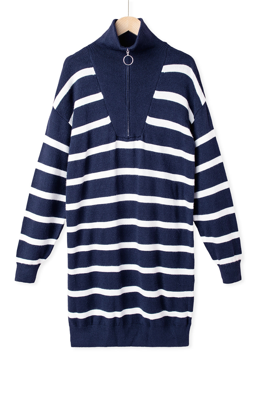 Green Striped/Solid O-ring Zip Collared Loose Sweater Mini Dress