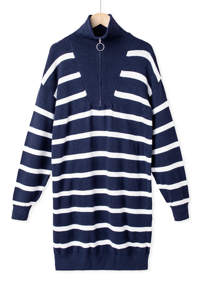 Green Striped/Solid O-ring Zip Collared Loose Sweater Mini Dress