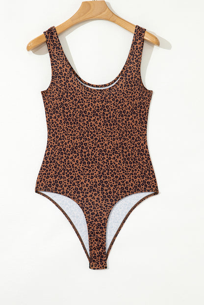 Brown Leopard Printed Sleeveless Scoop Neck Bodysuit