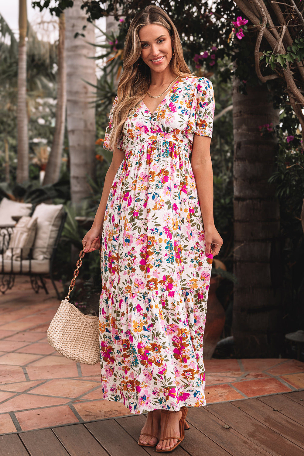 Red Floral Short Sleeve V Neck High Waist Maxi Dress