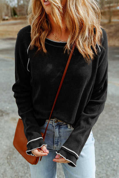 Gray Textured Round Neck Long Sleeve Top