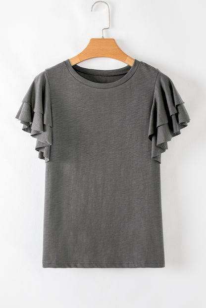 Dark Grey Layered Ruffle Short Sleeve Round Neck Top