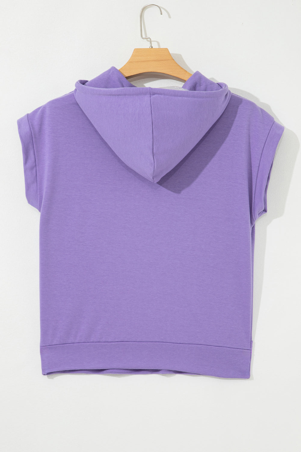 Purple Short Sleeve Buttoned Neck Kangaroo Pocket Hoodie