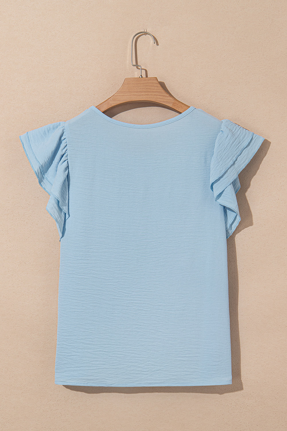 Mist Blue Solid Color Ruffled Short Sleeve Casual Blouse