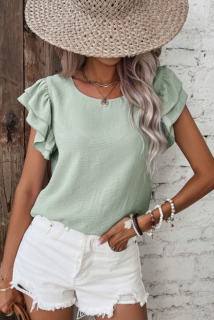 Mist Blue Solid Color Ruffled Short Sleeve Casual Blouse