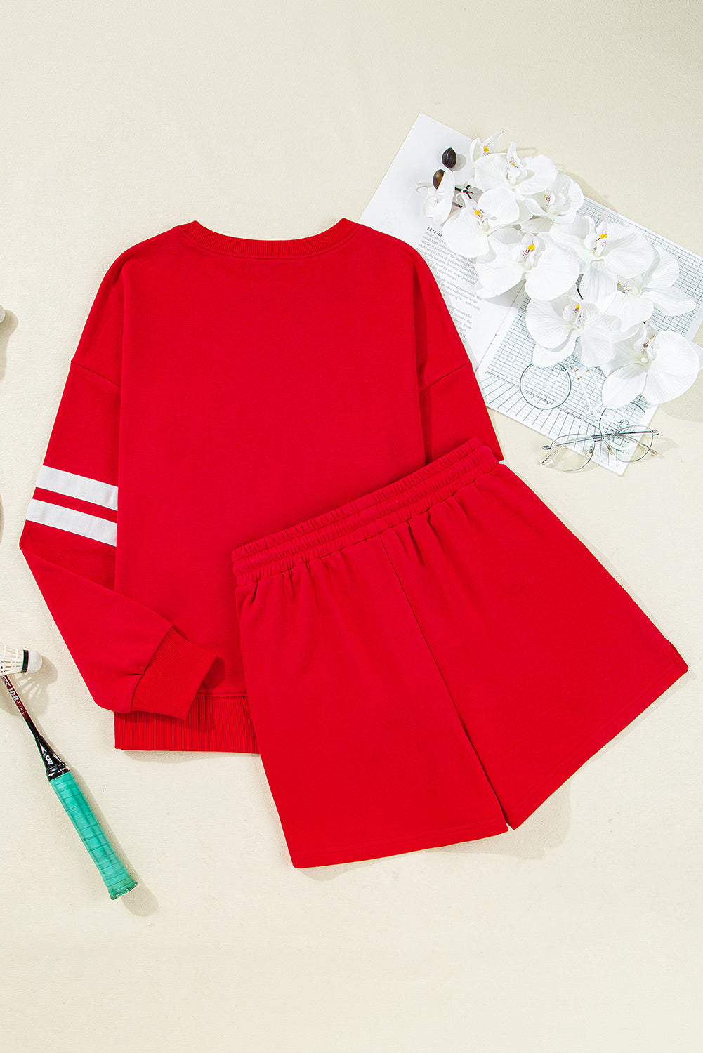 Black Varsity Striped Sleeve Drop Shoulder Sweatshirt and Short Set