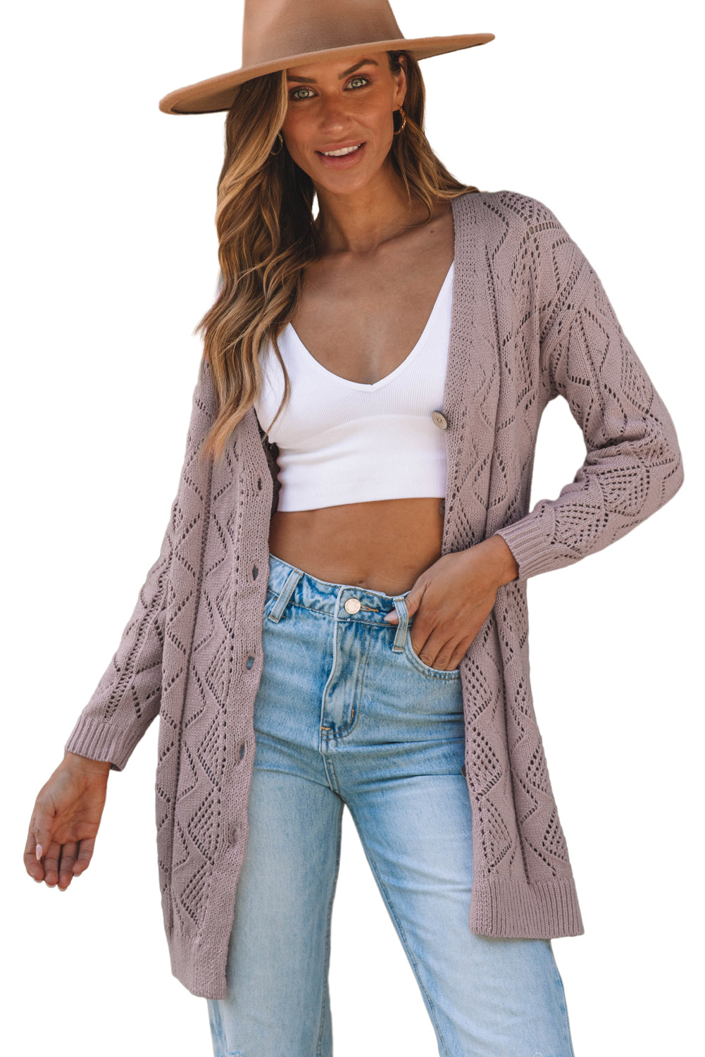 Purple Hollow-out Openwork Knit Cardigan