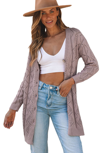Purple Hollow-out Openwork Knit Cardigan