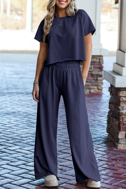 Seagrass Raw Hem Loose Tee and Wide Leg Pants Set