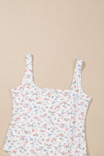 White Floral Textured Square Neck Sleeveless Bodysuit