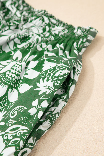 Green Floral Print Shirred Crop Top and High Waist Midi Skirt Set