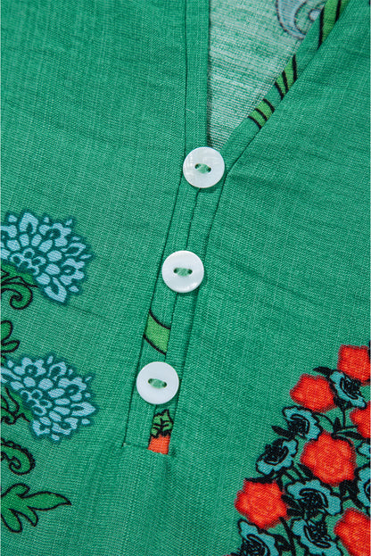 Bright Green Floral Print Buttoned V Neck Short Sleeve Blouse