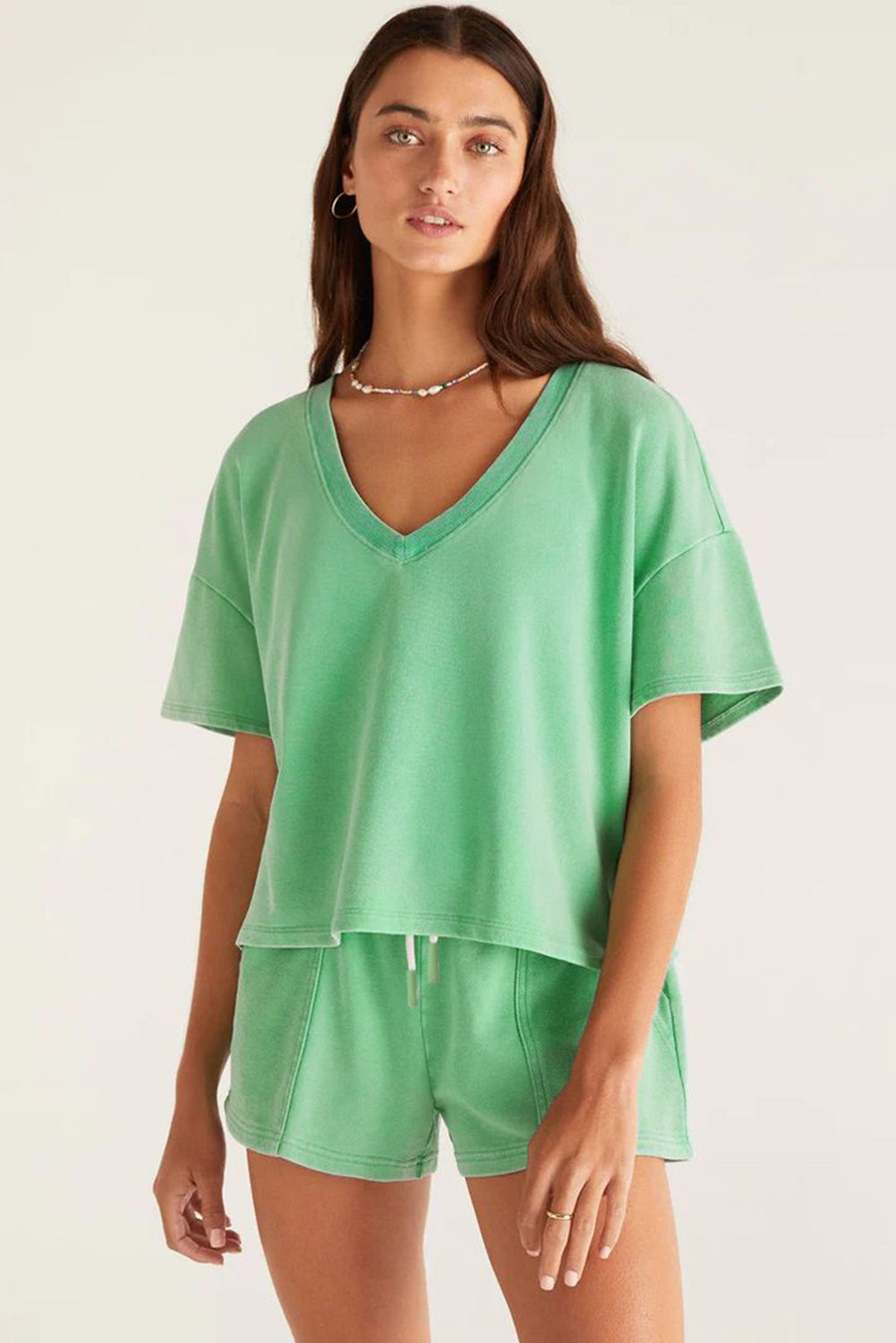 Mint Green V Neck Drop Shoulder Tee and Patchwork Drawstring Shorts Set