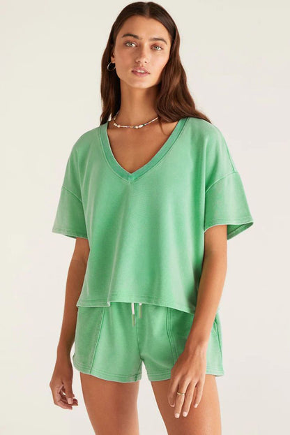 Mint Green V Neck Drop Shoulder Tee and Patchwork Drawstring Shorts Set