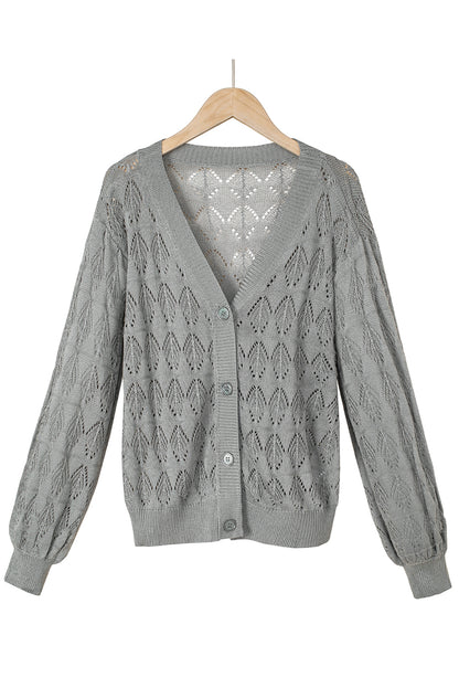 Gray Lightweight Buttoned Front Crochet Cardigan