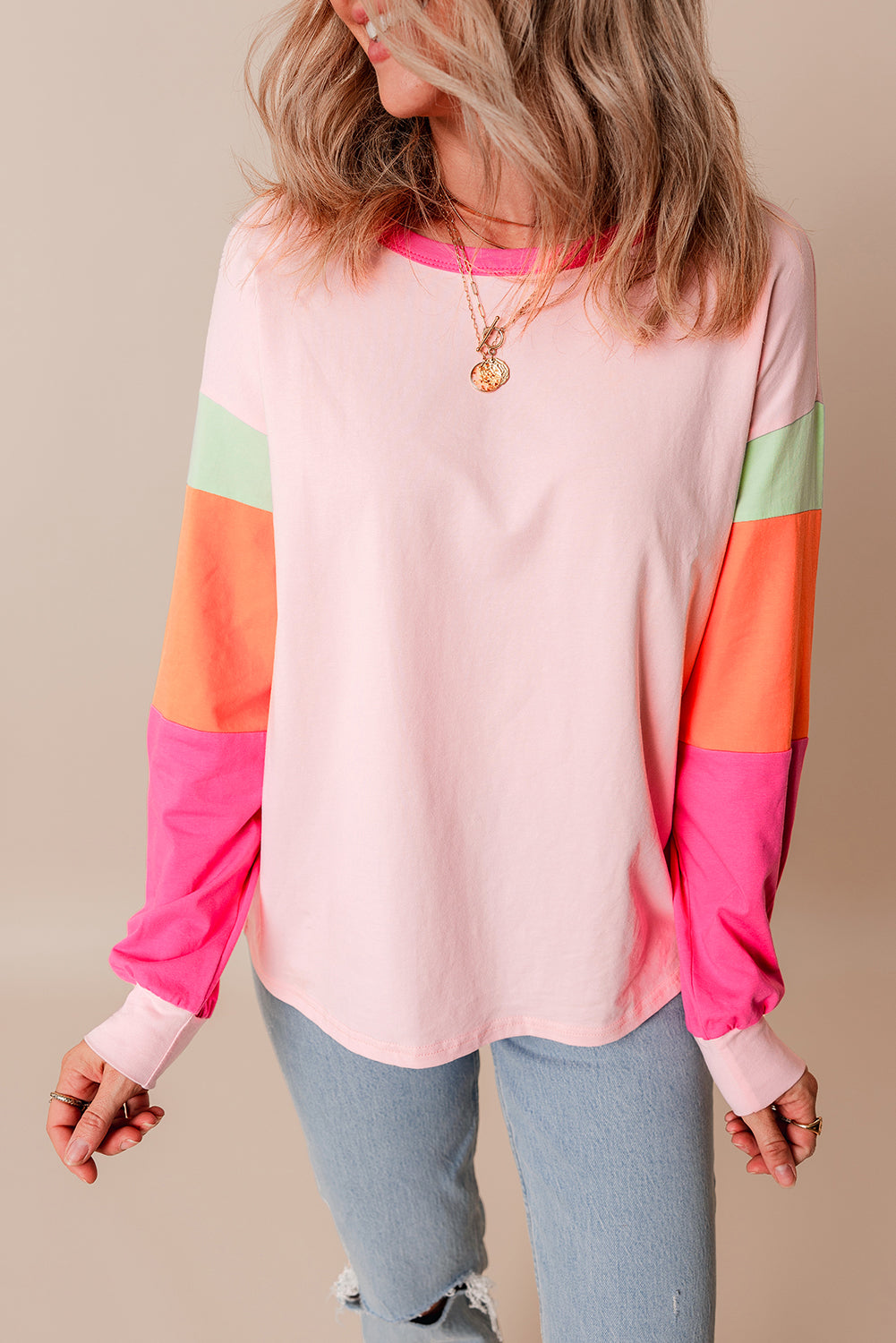 Rose Red Colorblock Patchwork Long Sleeve Loose Top